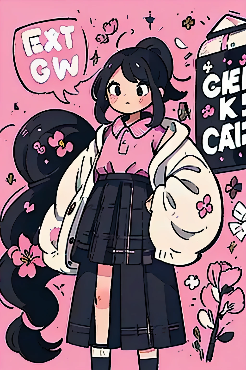 A girl,Wearing a white shirt and black plaid skirt school uniform,Black hair,Ponytail,Pink cherry blossoms,Gentle wind,Simple background,A poster