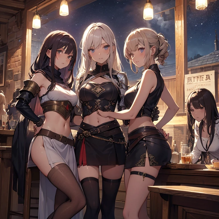 A group of female medieval fantasy adventurers, (in tavern), various hair styles, harem, night, details face, short skirt, seducing, sleeveless, armor, midriff