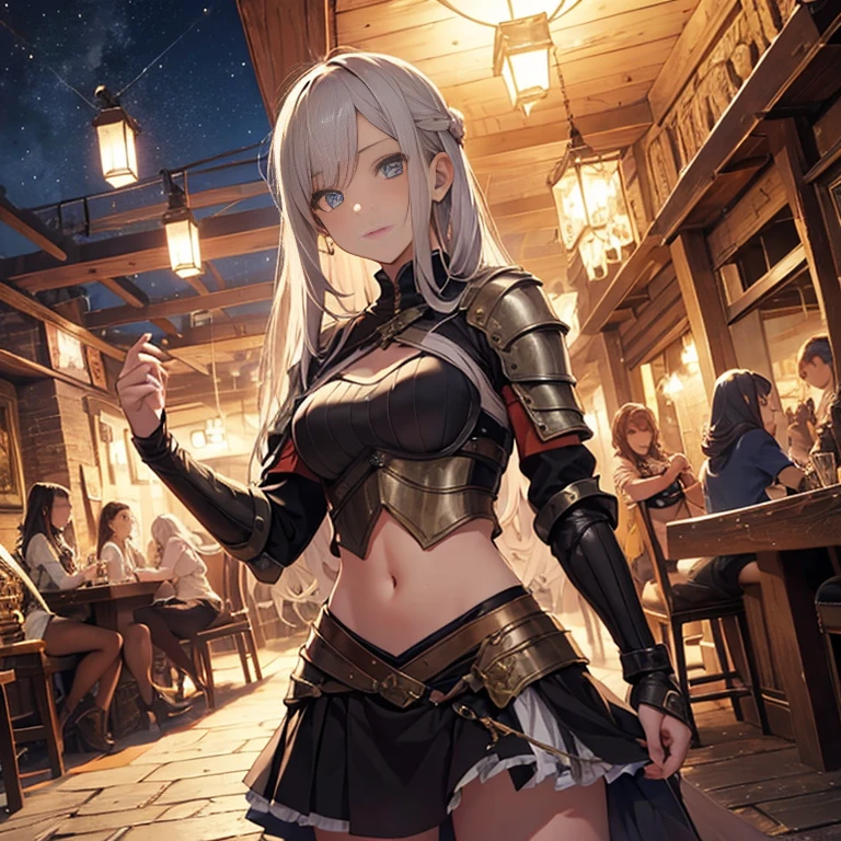 A group of female medieval fantasy adventurers, (in tavern), various hair styles, harem, night, details face, short skirt, seducing, sleeveless, armor, midriff