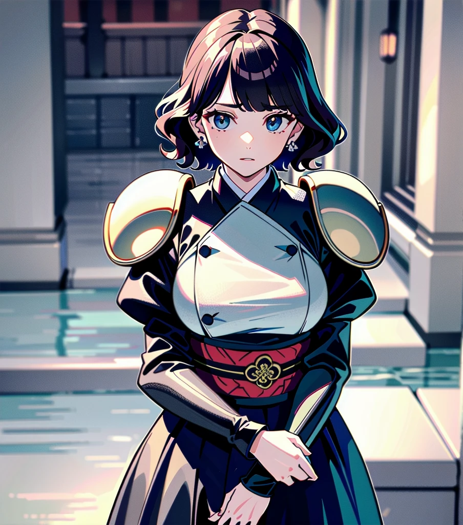 masterpiece, best quality, extremely delicate and beautiful, ultra-detailed, high-resolution, 20 years old, detailed beautiful face, tearful mole, earring, very huge round breasts, short medium hair, wavy hair, wet clothes, full body shot, alone, (assassin), kimono, (armor),