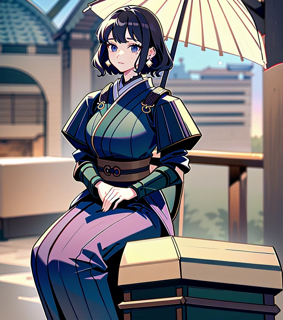 masterpiece, best quality, extremely delicate and beautiful, ultra-detailed, high-resolution, 20 years old, detailed beautiful face, tearful mole, earring, very huge round breasts, short medium hair, wavy hair, wet clothes, full body shot, alone, (assassin), kimono, (armor),