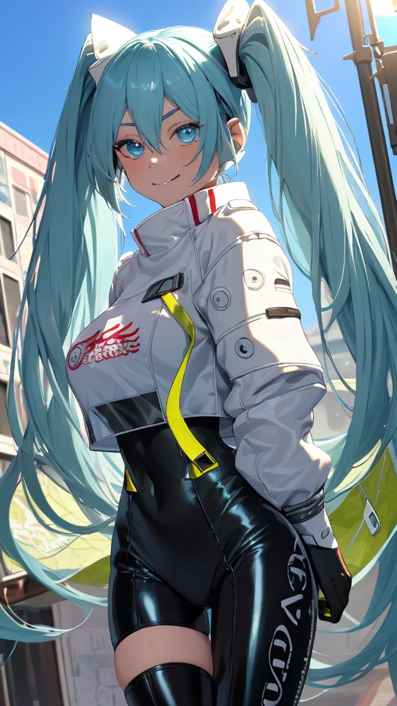  (masterpiece, highest quality), Backlight, Lens flare, Wide Shot, Fisheye Lens , (Face Focus, Depth of written boundary, close: 1.5), Super Detail, figure, colorful, (Fault Color: 1.3), (Immidshot: 1.3), video, Wide-angle, Upper Body, (((One girl))), miku hatsune, Spotless, Dark green hair, Twin tails, Very long hair, Put your arms behind your back, blue eyes, Glowing Eyes, Relaxed face, Eyebrow hair, Shiny Hair, Glowing Skin, A light smile, racing Miku, (Big Breasts), Black bodysuit, Cropped jacket, White jacket, Long sleeve, Two-tone gloves, Thigh-high boots, bright, Beautiful detailed sky, city, street,