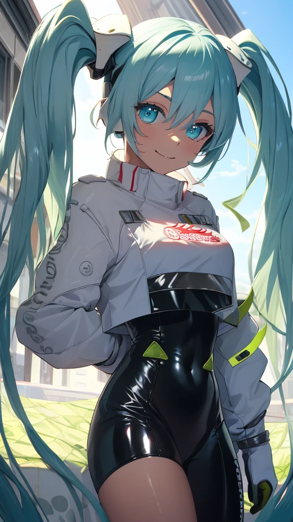  (masterpiece, highest quality), Backlight, Lens flare, Wide Shot, Fisheye Lens , (Face Focus, Depth of written boundary, close: 1.5), Super Detail, figure, colorful, (Fault Color: 1.3), (Immidshot: 1.3), video, Wide-angle, Upper Body, (((One girl))), miku hatsune, Spotless, Dark green hair, Twin tails, Very long hair, Put your arms behind your back, blue eyes, Glowing Eyes, Relaxed face, Eyebrow hair, Shiny Hair, Glowing Skin, A light smile, racing Miku, (Big Breasts), Black bodysuit, Cropped jacket, White jacket, Long sleeve, Two-tone gloves, Thigh-high boots, bright, Beautiful detailed sky, city, street,
