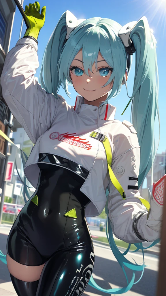  (masterpiece, highest quality), Backlight, Lens flare, Wide Shot, Fisheye Lens , (Face Focus, Depth of written boundary, close: 1.5), Super Detail, figure, colorful, (Fault Color: 1.3), (Immidshot: 1.3), video, Wide-angle, Upper Body, (((One girl))), miku hatsune, Spotless, Dark green hair, Twin tails, Very long hair, Put your arms behind your back, blue eyes, Glowing Eyes, Relaxed face, Eyebrow hair, Shiny Hair, Glowing Skin, A light smile, racing Miku, (Big Breasts), Black bodysuit, Cropped jacket, White jacket, Long sleeve, Two-tone gloves, Thigh-high boots, bright, Beautiful detailed sky, city, street,