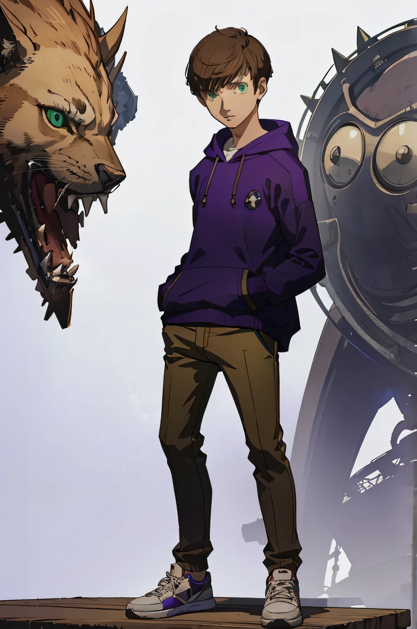 (masterpiece:1.2, best quality), 1boy, solo, full body, portrait, green eyes, wearing a purple and black sweater with hood, khakis slacks, sneakers, short spikey brown hair (white background) standing pose