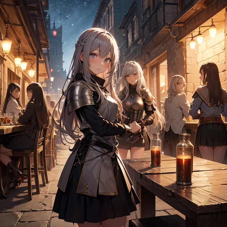 A group of female medieval fantasy adventurers, (in tavern), various hair styles, harem, night, details face, short skirt, seducing, sleeveless, armor