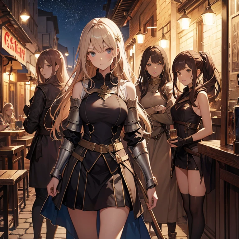 A group of female medieval fantasy adventurers, (in tavern), various hair styles, harem, night, details face, short skirt, seducing, sleeveless, armor