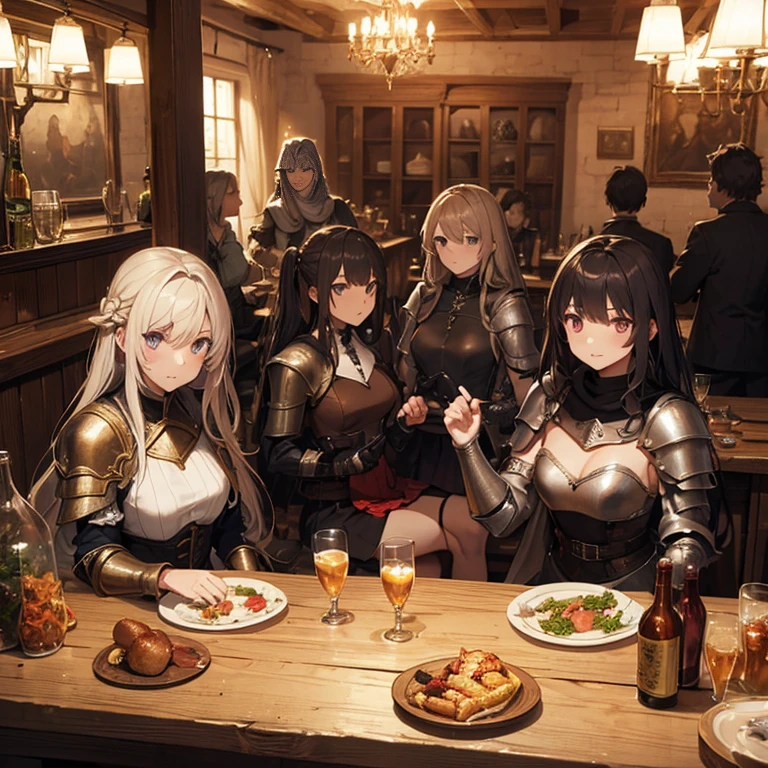 A group of female medieval fantasy adventurers, (in tavern), various hair styles, harem, night, details face, short skirt, seducing, sleeveless, armor