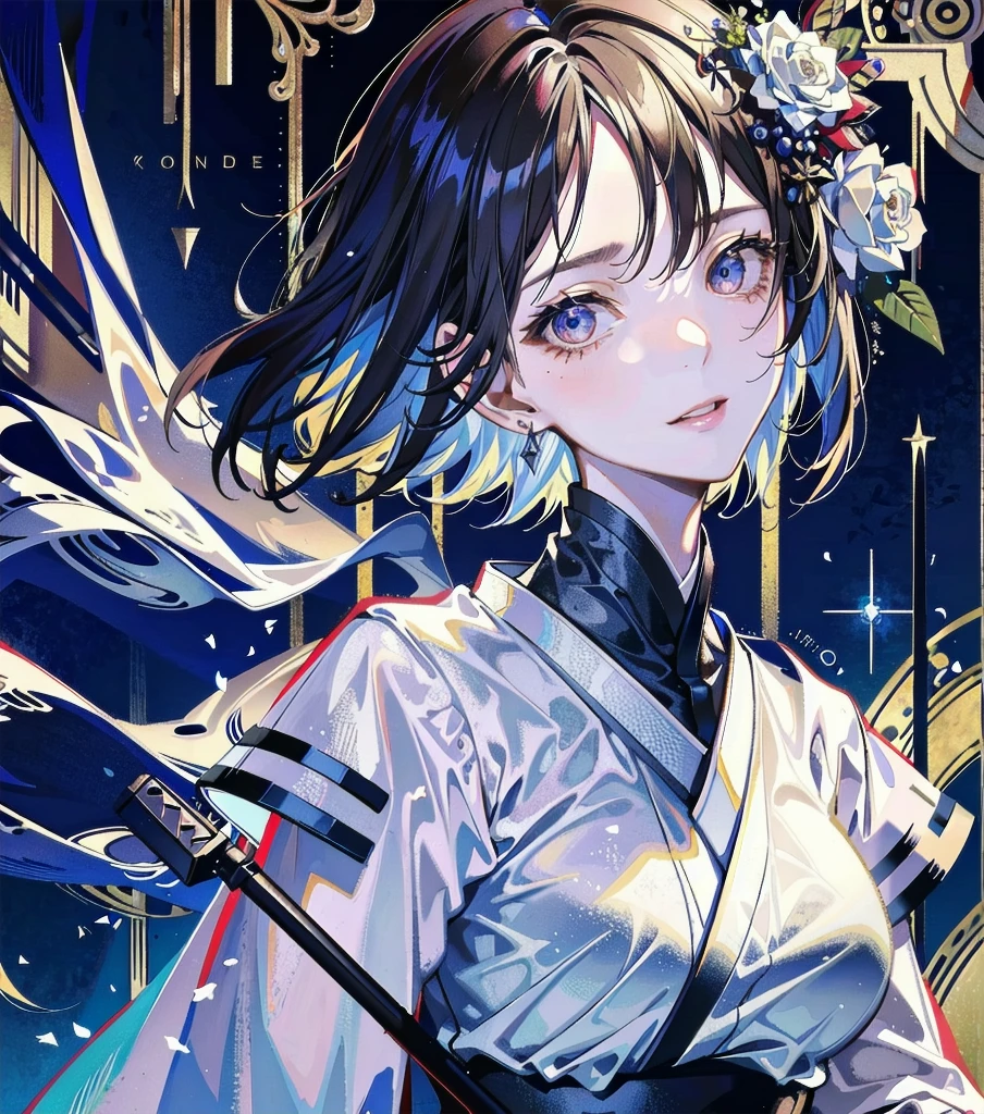 masterpiece, best quality, extremely delicate and beautiful, ultra-detailed, high-resolution, 20 years old, detailed beautiful face, tearful mole, earring, very huge round breasts, short medium hair, wavy hair, wet clothes, full body shot, alone, (assassin), kimono, (armor),
