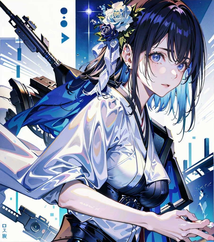 masterpiece, best quality, extremely delicate and beautiful, ultra-detailed, high-resolution, 20 years old, detailed beautiful face, tearful mole, earring, very huge round breasts, short medium hair, wavy hair, wet clothes, full body shot, alone, (assassin), kimono, (armor),