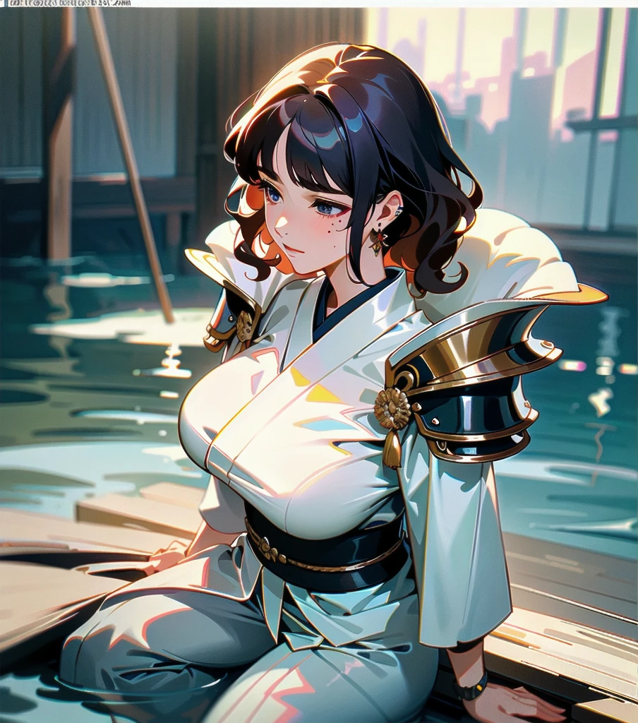 masterpiece, best quality, extremely delicate and beautiful, ultra-detailed, high-resolution, 20 years old, detailed beautiful face, tearful mole, earring, very huge round breasts, short medium hair, wavy hair, wet clothes, full body shot, alone, (assassin), kimono, (armor),
