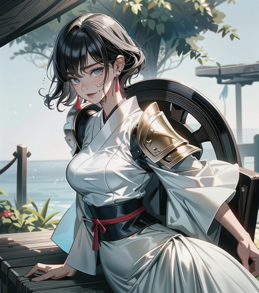 masterpiece, best quality, extremely delicate and beautiful, ultra-detailed, high-resolution, 20 years old, detailed beautiful face, tearful mole, earring, very huge round breasts, short medium hair, wavy hair, wet clothes, full body shot, alone, (assassin), kimono, (armor),