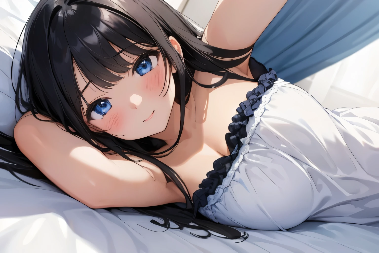 Masterpiece、highest quality、1 female、Super detailed　Black Hair、bangs　Blue Eyes、Detailed depiction of the eyes　Smiling、blush　camisole　Face is close、Facial Close-up、Bring your face closer　Sheetsに横になる、Spread your shoulders、Put your arms out here　Sheets