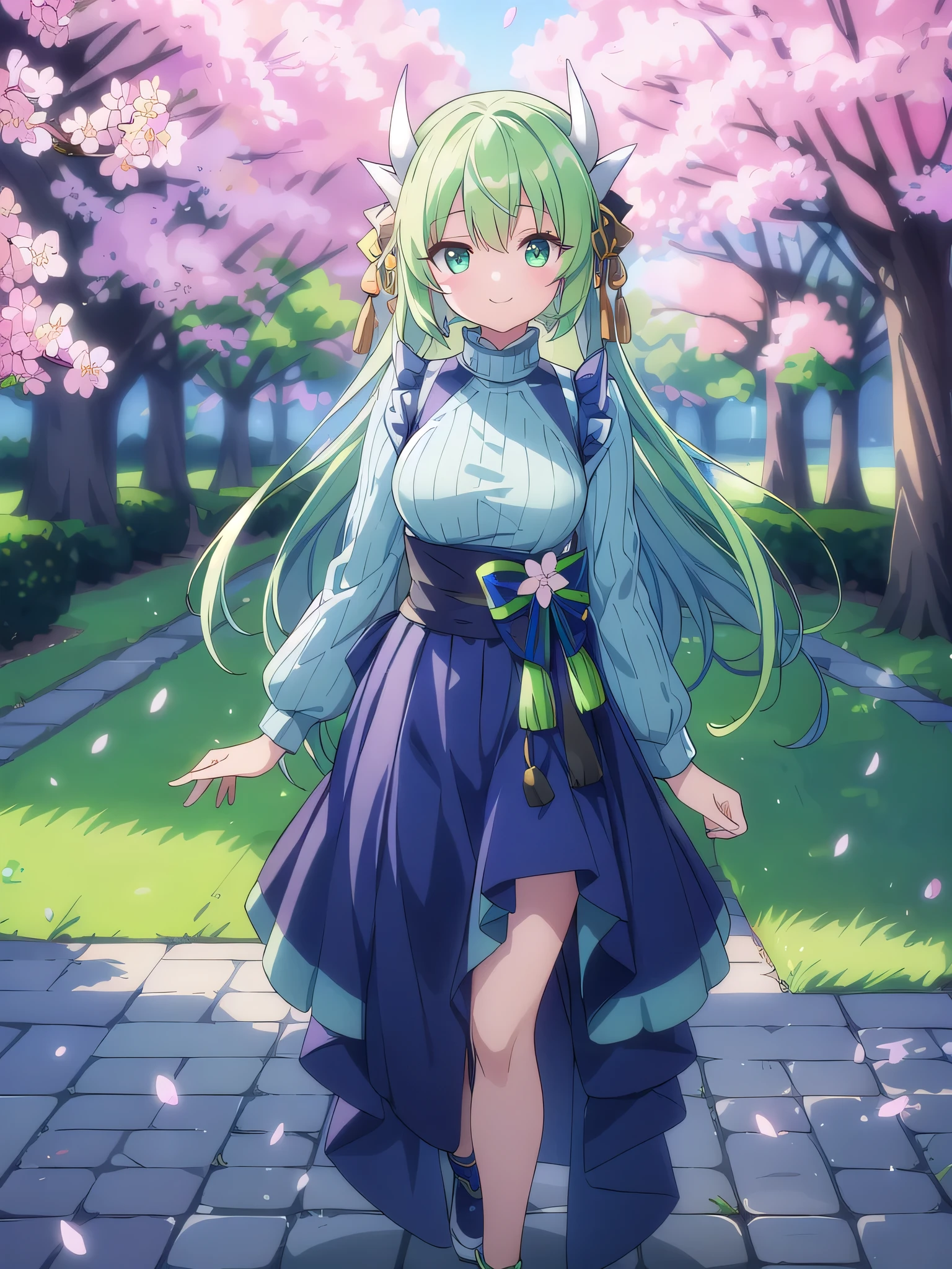 Kiyohime、 Green Hair、 ((Full body))、 (highest quality、4K、High resolution、masterpiece:1.2)、Super detailed、HDR、Studio Lighting、Sharp Focus、Bright colors、Portrait、Bokeh、Warm tones、Soft Lighting、 Character line emphasis、 (Light navy blue knit)、 walking、(Background cherry blossom)、 smile、