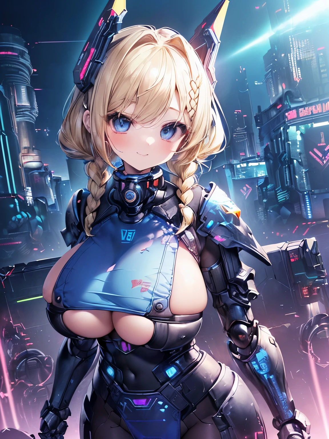 Masterpiece,Best Quality,(Super Detail),Perfect Lighting, Highly detailed CG,Super detailed,(Highly detailed eyes,Very cute face,Highly detailed face:1.3),Beautiful Anime Girl,(Solo Girl),(Super huge boobs:1.6),(Sensual,Glamorous:1.6),(Blonde,Shoulder-length medium hair,Twin braids,Let your hair hang forward:1.5),(Big light blue eyes),(Very happy smile,Open your mouth wide),break,(Cyberpunk Costumes,Heavy mechanical armor covering the body,Mechanical joints,Blue reactor in the center of the chest,headgear,Waist-mounted thrusters:1.5),Huge firearms,Holding a weapon in your hands,Cyberpunk Background,Cyberpunk cityscape,skyscraper,Neon Light,Are standing,Dynamic Pose,Dynamic Angle,Cowboy Shot