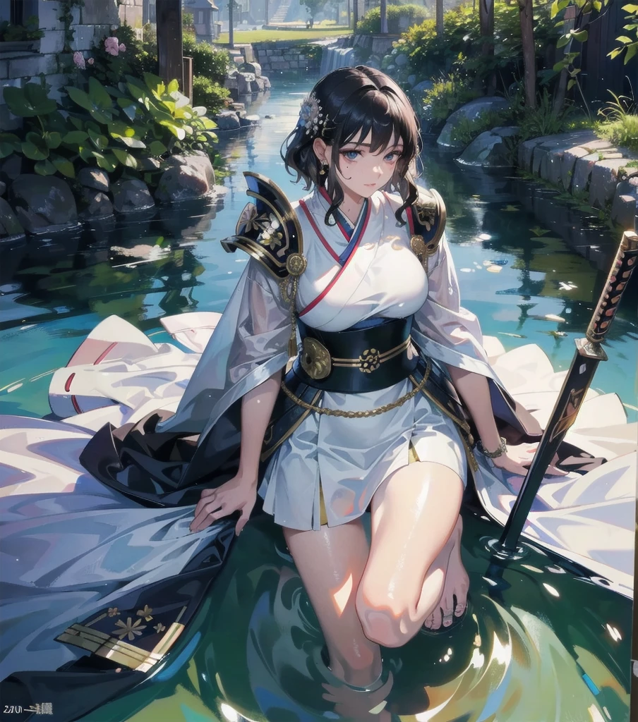 masterpiece, best quality, extremely delicate and beautiful, ultra-detailed, high-resolution, 20 years old, detailed beautiful face, tearful mole, earring, very huge round breasts, short medium hair, wavy hair, wet clothes, full body shot, alone, (assassin), kimono, (armor),