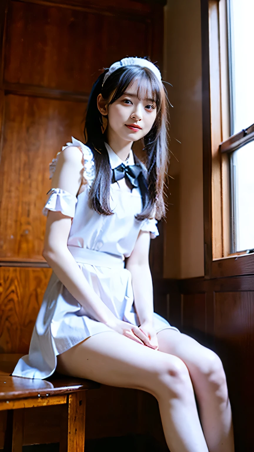 (8k、RAW Photos、highest quality、masterpiece:1.2)、(Realistic、Realistic)、1 girl、(from below:1.3)、(See-through、small Breasts、slim, skinny legs ，View from the front、Cute maid Costumes、Are sitting,up arms,)),smile，detail face,detail skin ,twintails,correct finger