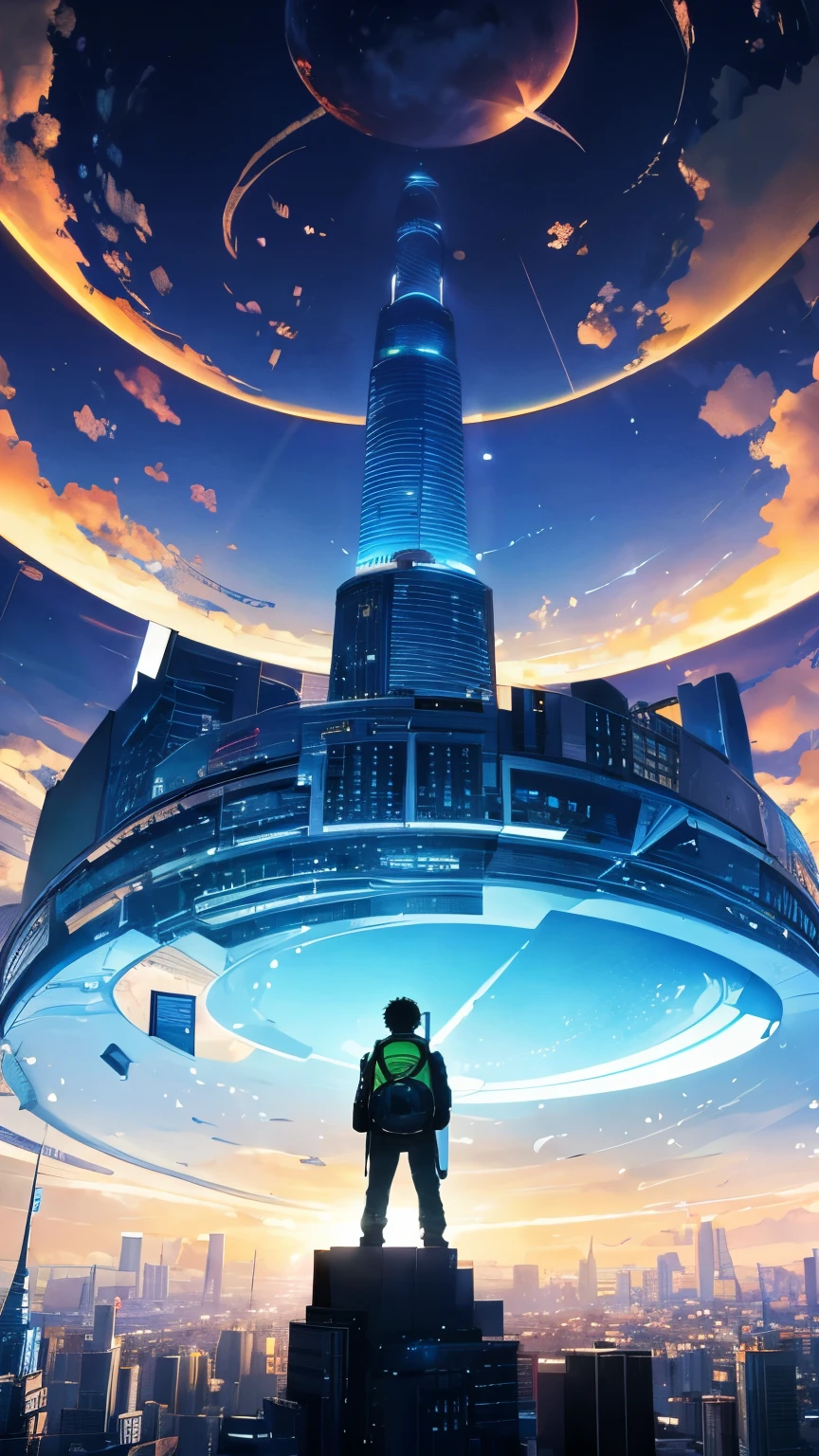 It depicts a boy standing against the backdrop of a futuristic city.。 The boy was carrying a backpack on his back.、I am watching the fantastic sight of large colorful bubbles floating in the sky.。 The city is densely packed with high-rise buildings.、The light of the setting sun illuminates everything。 Overall bright、A scene characterized by a colorful atmosphere.