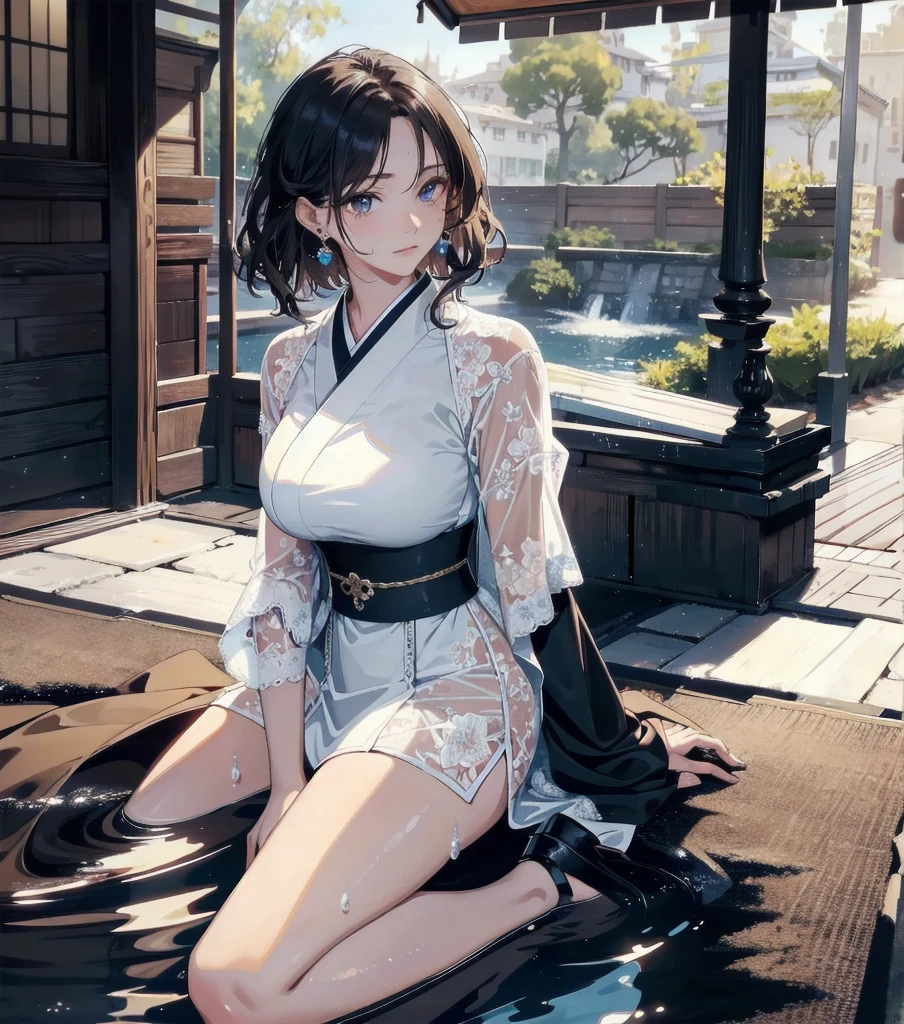 masterpiece, best quality, extremely delicate and beautiful, ultra-detailed, high-resolution, 20 years old, detailed beautiful face, tearful mole, earring, very huge round breasts, short medium hair, wavy hair, wet clothes, full body shot, alone, (assassin), kimono, (armor),