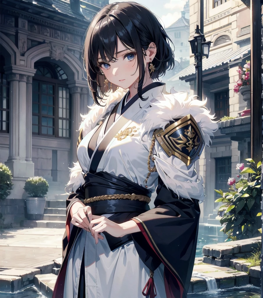 masterpiece, best quality, extremely delicate and beautiful, ultra-detailed, high-resolution, 20 years old, detailed beautiful face, tearful mole, earring, very huge round breasts, short medium hair, wavy hair, wet clothes, full body shot, alone, (assassin), kimono, (armor),