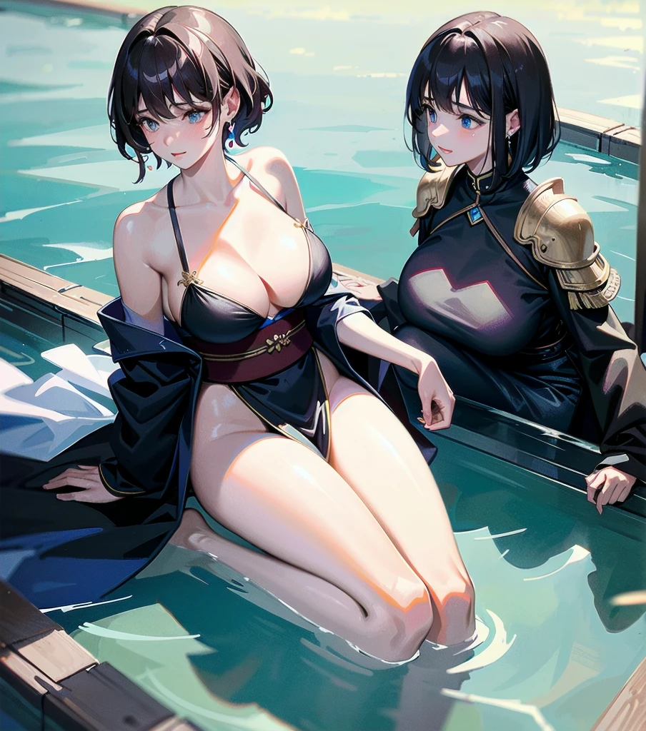 masterpiece, best quality, extremely delicate and beautiful, ultra-detailed, high-resolution, 20 years old, detailed beautiful face, tearful mole, earring, very huge round breasts, short medium hair, wavy hair, wet clothes, full body shot, alone, (assassin), kimono, (armor),