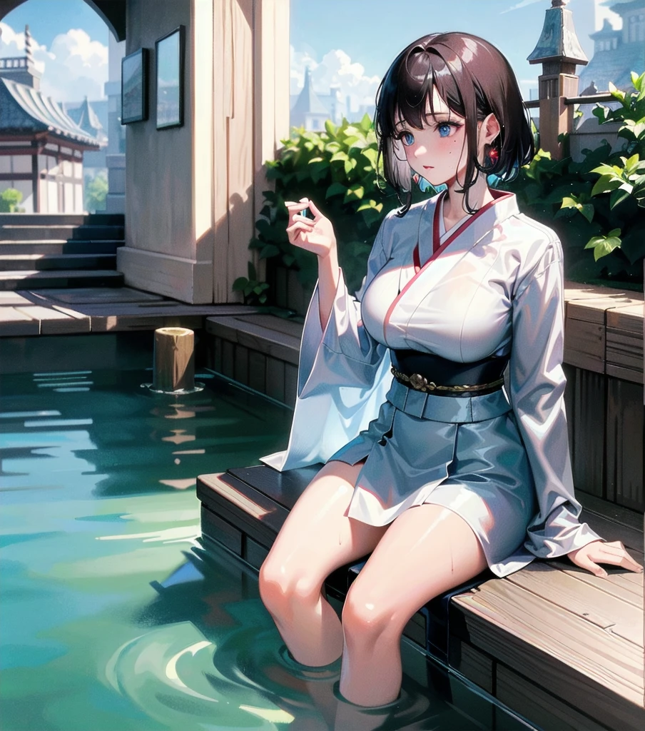 masterpiece, best quality, extremely delicate and beautiful, ultra-detailed, high-resolution, 20 years old, detailed beautiful face, tearful mole, earring, very huge round breasts, short medium hair, wavy hair, wet clothes, full body shot, alone, (assassin), kimono, (armor),
