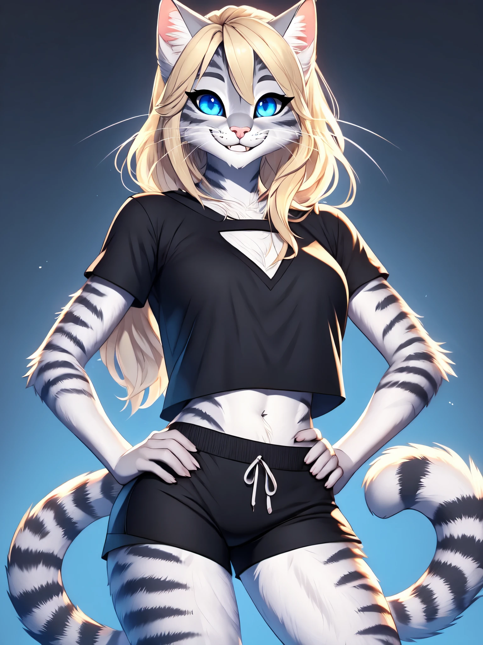 Kat, anthro furry female feline, blue eyes, plack pupils, white sclera, silver fur, striped fur, :3, pink nose, white whiskers, cat tail, tall slender body, blonde hair, hair in a pony tail, wearing black crop top, black boy shorts, upper body shot, simple background, hands on hips, grinning, 