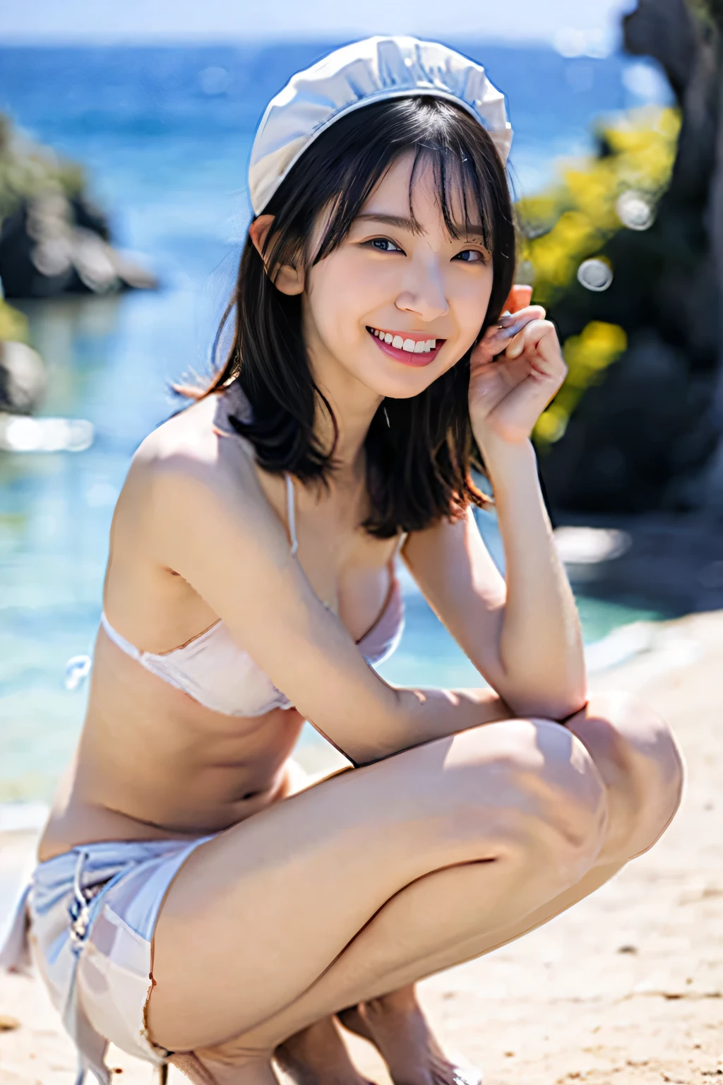 (8k、RAW Photos、highest quality、masterpiece:1.2)、(Realistic、Realistic)、1 girl、((micro bikini,maid bikini, White bikini,See-through、small Breasts、side breasts,slim, skinny legs ，View from the front、Cute Costumes、Are sitting,open legs:1.5，squatting,show me panty，skirt lift my self)),smile，detail face,detail skin,wintails