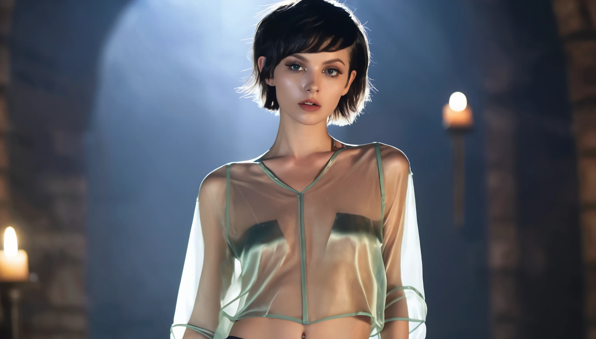 Top Quality, Masterpiece, High Resolution, 8k, (((skinny girl in oversized satin see-through shirt with bare back and hot pants, wide neckline, small perky breasts, beautiful detailed eyes, no lipstick, extremely detailed face, pixie asymmetrical hair cut, small hips, in a dungeon, dim light from one side, behind back)))