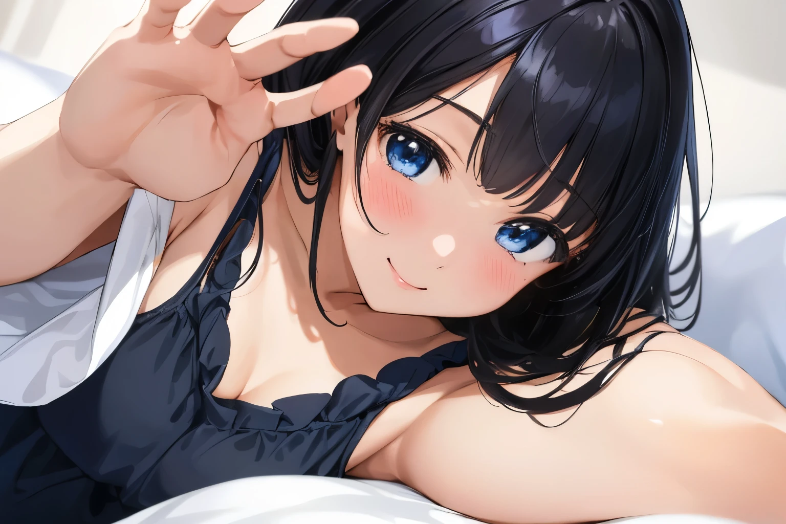Masterpiece、highest quality、1 female、Super detailed Black Hair、bangs Blue Eyes、Detailed depiction of the eyes Smiling、blush camisole Face is close、Facial Close-up、Bring your face closer Sheetsに横になる、Spread your shoulders、Put your arms out here、Pose asking for a hug Sheets