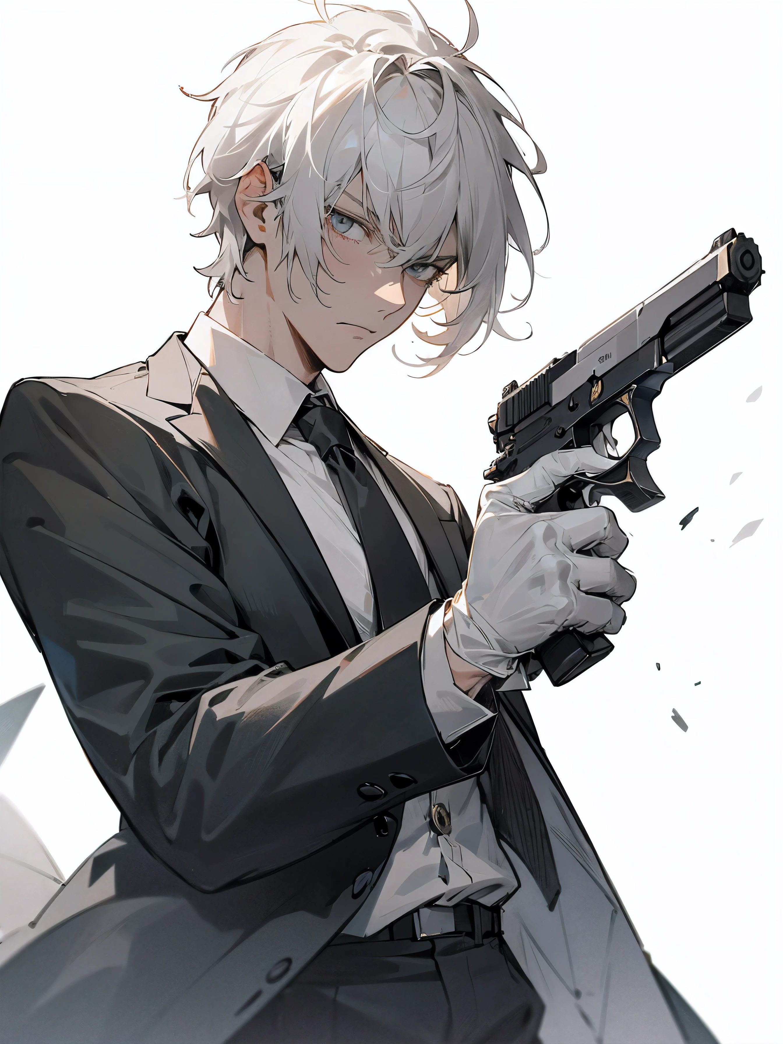 1male, white hair, messy hair, white eyes, black and white suits, tie, holding a gun, white background, white cloth glove, serious expression, detailed, hand on gun, handgun, black gun, detailed gun