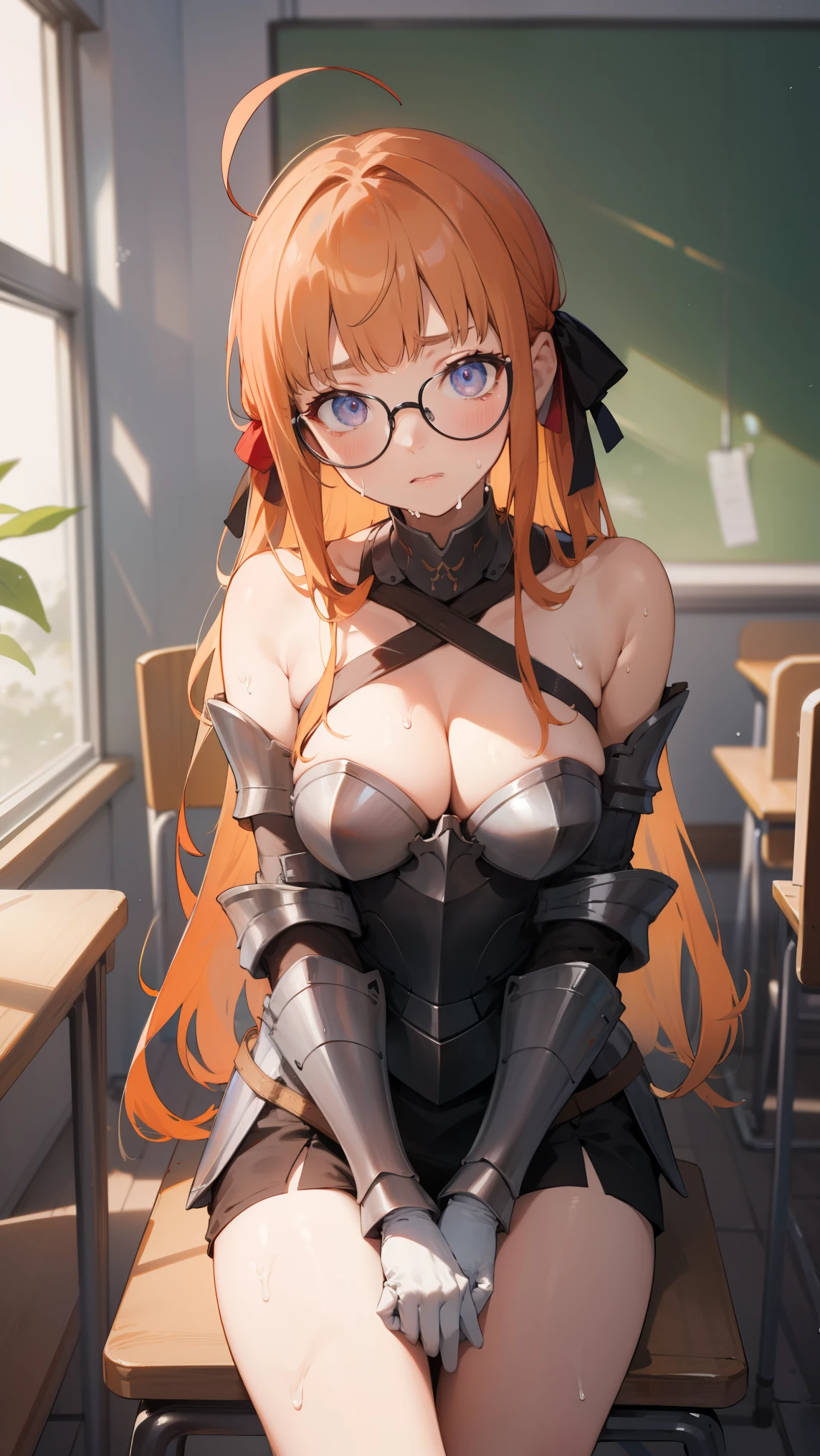 futabasakura, futaba sakura, orange hair, glasses, long hair, (purple eyes:1.1), ahoge,
BREAK (hair ribbon, strapless, armor, white gloves:1.2),
BREAK folds hands behind head、Show cleavage and open legs、A look of contempt、glareing、Teary-eyed、The whole body is wet with 、Yogurt on the face and chest,
BREAK indoors, classroom,
BREAK (masterpiece:1.2), best quality, high resolution, unity 8k wallpaper, (illustration:0.8), (beautiful detailed eyes:1.6), extremely detailed face, perfect lighting, extremely detailed CG, (perfect hands, perfect anatomy),