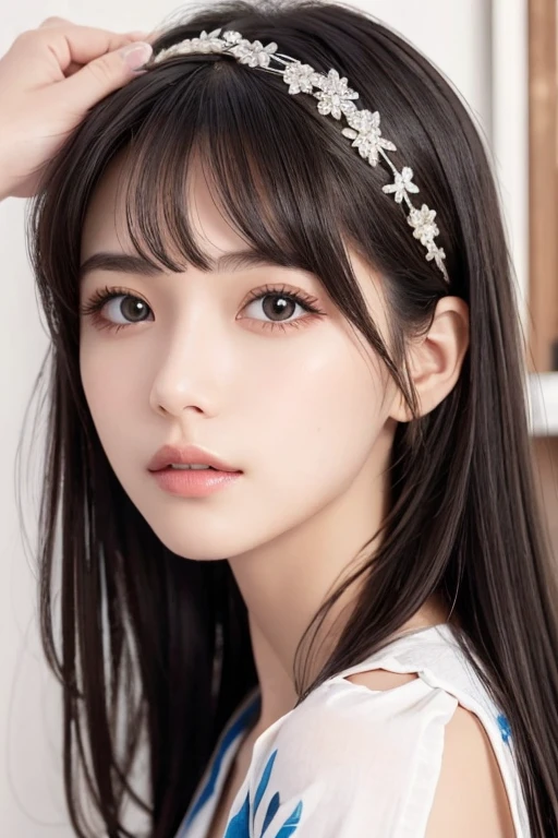 photoRealistic, Lip gloss, Painting, Realistic, highest quality, Ultra-high resolution, depth, pastel colour, Natural Shading, Focus on the face, Face only, View your viewers, Long Hair, hair accessory, Black Hair, Brown, well-detailed eyes, dress