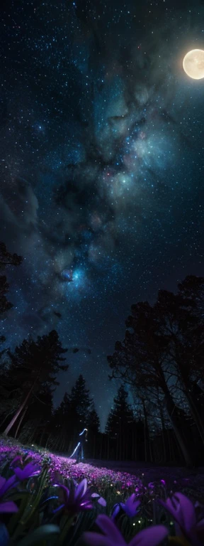 expansive landscape photograph , (a view from below that shows sky above and open field below), a girl standing on flower field looking up, (full moon:1.2), ( shooting stars:0.9), (nebula:1.3), distant mountain, tree BREAK
production art, (warm light source:1.2), (Firefly:1.2), lamp, lot of purple and orange, intricate details, volumetric lighting BREAK
(masterpiece:1.2), (best quality), 4k, ultra-detailed, (dynamic composition:1.4), highly detailed, colorful details,( iridescent colors:1.2), (glowing lighting, atmospheric lighting), dreamy, magical, (solo:1.2)