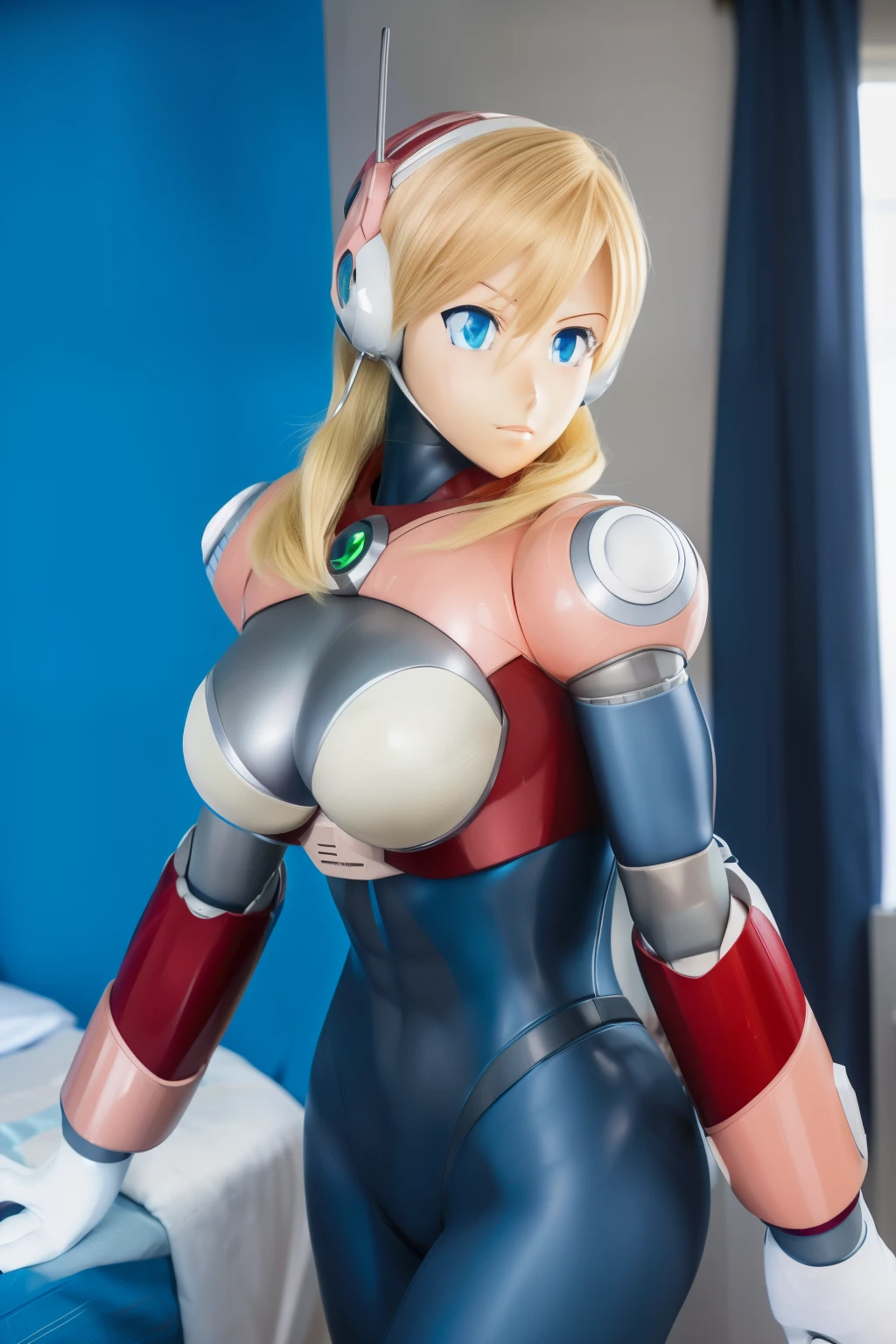 ultra detailed of a woman cyborg, 1girl, (natural skin texture, realistic eye details:1.2) alias_mega manx, alone, breasts, blue eyes, blonde hair, Android, long hair, robot ears, stand at attention, neutral stance, artwork, high quality, hypnotized, Ahegao, mannequin, in the bedroom