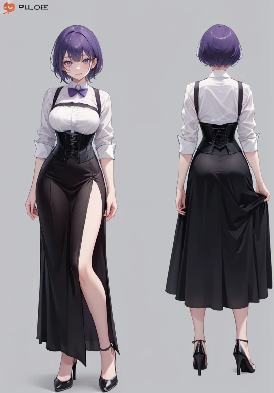 Purple hair,short cut hair,Adult female,Bartender,((Body harness)),((Rolling up your sleeves shirt)),(Corset),(Long skirt),(slit),High heels,((Simple background)),Smile,((Full body)),((whole body)),Character Sheet,