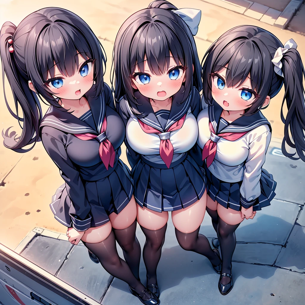 highest quality,wonderful,finely,extremely detailed CG Unity 8K wallpaper, (2 girls, Black Hair, Blue Eyes, cute eyes, side ponytail, sailor uniform, clothed), (huge breasts), (open mouth:1.1), (long tongue:1.1), (mouth drool:1.1), (black stockings:1.1),(Thighs:1.2),(Waistline:1.2),(from above:2)