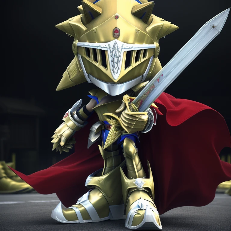  High quality, nonblurry, Ultra HD, HDR, 8K, solo, (fully clothed, masterpiece, photorealistic, good shading, studio quality), (Excalibur Sonic, golden armor, helmet, holding sword, red cape, upturned and pointy shoes), best_quality, perfect quality, cinematic lighting, highest quality, intricate details