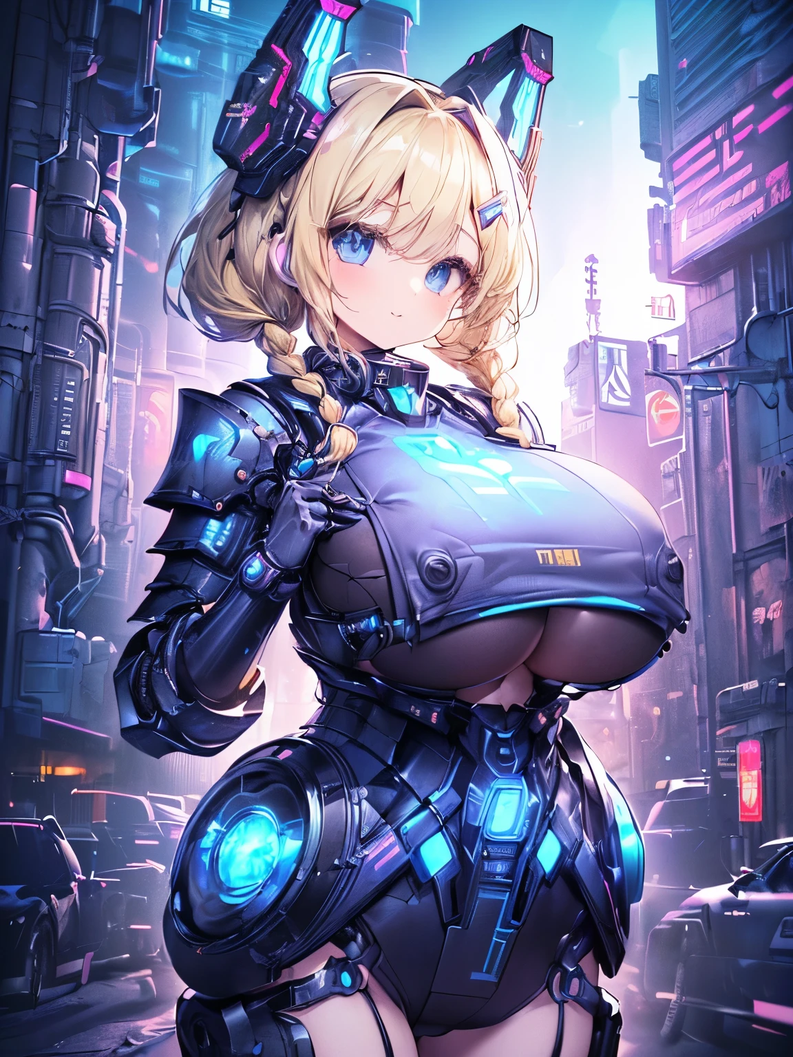 Masterpiece,Best Quality,(Super Detail),Perfect Lighting, Highly detailed CG,Super detailed,(Highly detailed eyes,Very cute face,Highly detailed face:1.3),Beautiful Anime Girl,(Solo Girl),(Super huge boobs:1.6),(Sensual,Glamorous:1.6),(Blonde,Shoulder-length medium hair,Twin braids,Let your hair hang forward:1.5),(Big light blue eyes),(Very happy smile,Open your mouth wide),break,(Cyberpunk Costumes,Heavy mechanical armor covering the body,Mechanical joints,Blue reactor in center of chest,headgear,Waist-mounted thrusters:1.5),Huge firearms,Holding a weapon in your hands,Cyberpunk Background,Cyberpunk cityscape,skyscraper,Neon Light,Are standing,Dynamic Pose,Dynamic Angle,Cowboy Shot