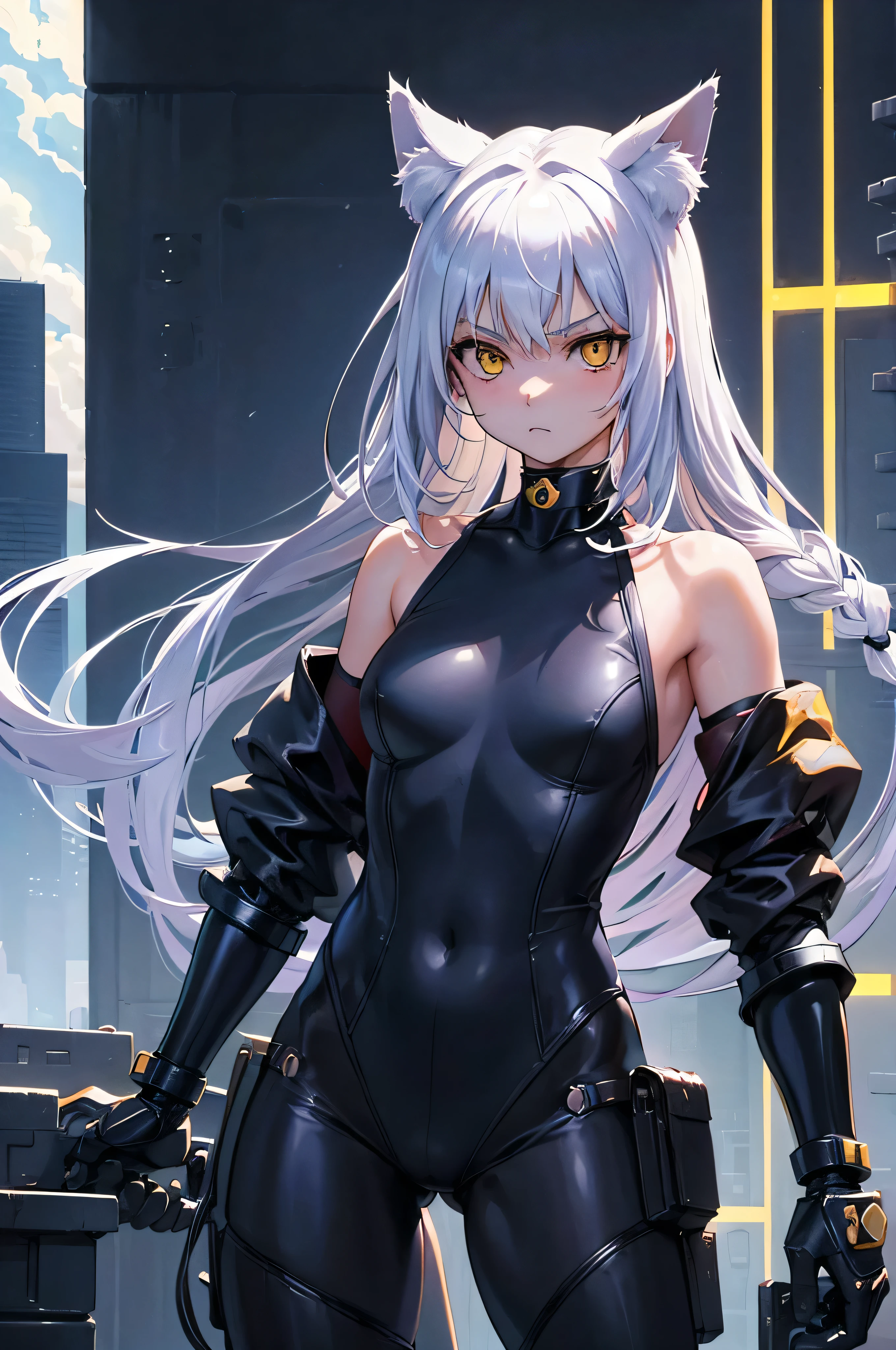 masterpiece, highest quality, Perfect Face, Highest Resolution, Highest quality,Detailed depiction of the eyes, foxy, 1 girl, young, skinny body, White Hair, Long Hair,one side braid grated, Cat ear, Big cat eyes, Yellow Eyes, cyber punk, navy blue mechanical arm guard, navy blue mechanical leg guard, Expose your shoulders, Exposing your thighs, cat tail, Black ribbon choker, small breasts, Perfect Anatomy, skyscraper