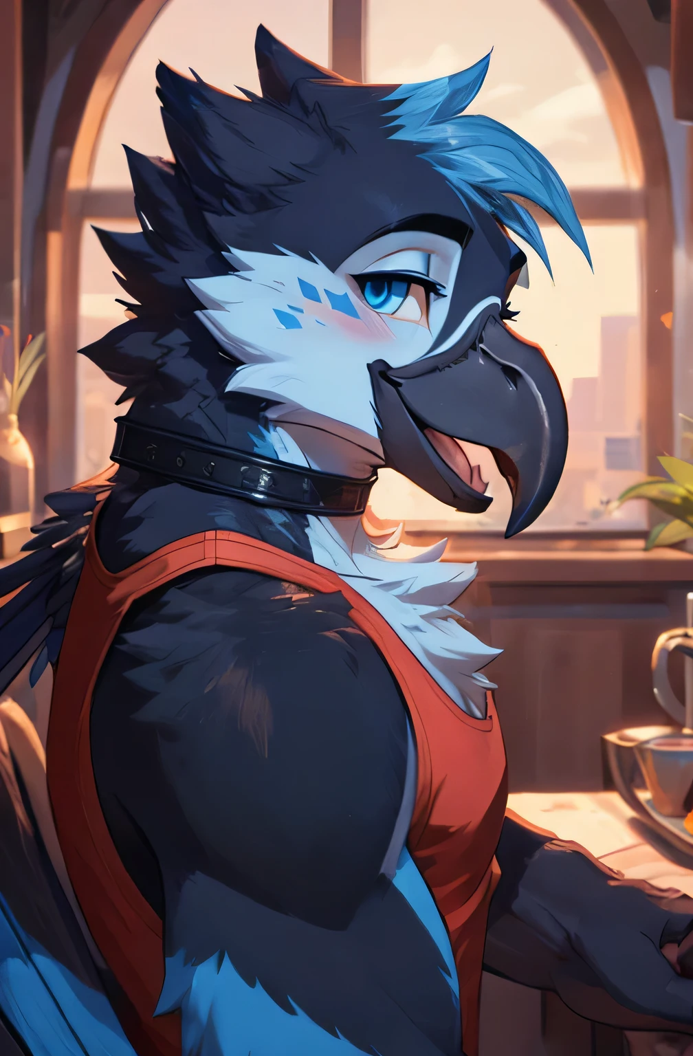 solo male, portrait, masculine, cute, furry, humanoid, blue macaw parrot, blue white and black fearthers, black beak, big_open_eyes, big_eyes, big bright blue eyes, rising eyebrow, blushed cheeks, looking_in_viewer,smile r,fluffy, hand touching side of the head, pastel_pink_tank_top, pastel pink tank top, tank top color is pastel pink, a black leather choker with gold buckle, bright and cheerful, sunset in the background
