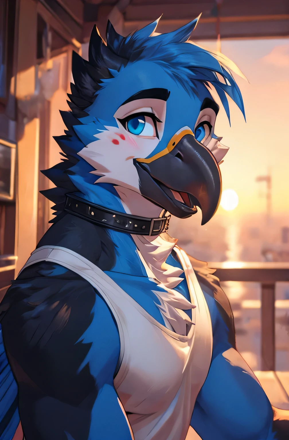 solo male, portrait, masculine, cute, furry, humanoid, blue macaw parrot, blue white and black fearthers, black beak, big_open_eyes, big_eyes, big bright blue eyes, rising eyebrow, blushed cheeks, looking_in_viewer,smile r,fluffy, hand touching side of the head, pastel_pink_tank_top, pastel pink tank top, tank top color is pastel pink, a black leather choker with gold buckle, bright and cheerful, sunset in the background