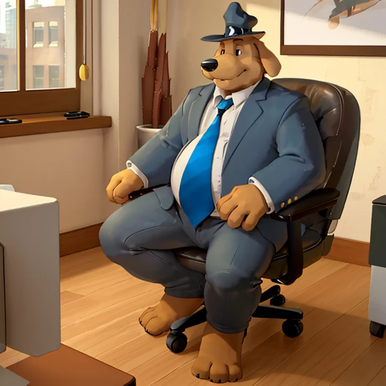 Solo male, sam, dog, tall, stocky body, slightly chubby, mature, floppy ears, black eyes, brown fur, blue grey suit and pants, blue grey hat, blue and black striped necktie, sitting in office chair