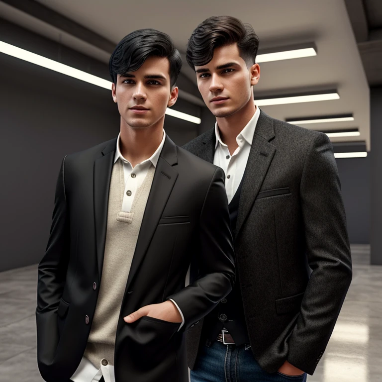 young man, twenty years old, short trimmed black hair, bangs combed back, 1990s blazer and vest clothing, photorealistic, realistic, photorealism, indoor, photo studio, natural light