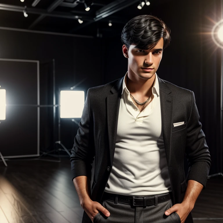 young man, twenty years old, short trimmed black hair, bangs combed back, 1990s blazer and vest clothing, photorealistic, realistic, photorealism, indoor, photo studio, natural light