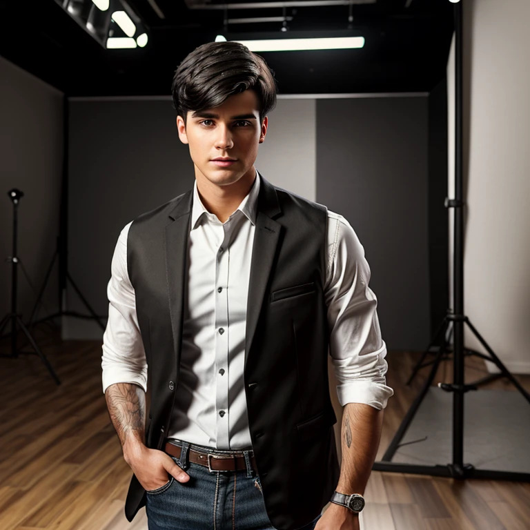 young man, twenty years old, short trimmed black hair, bangs combed back, 1990s blazer and vest clothing, photorealistic, realistic, photorealism, indoor, photo studio, natural light