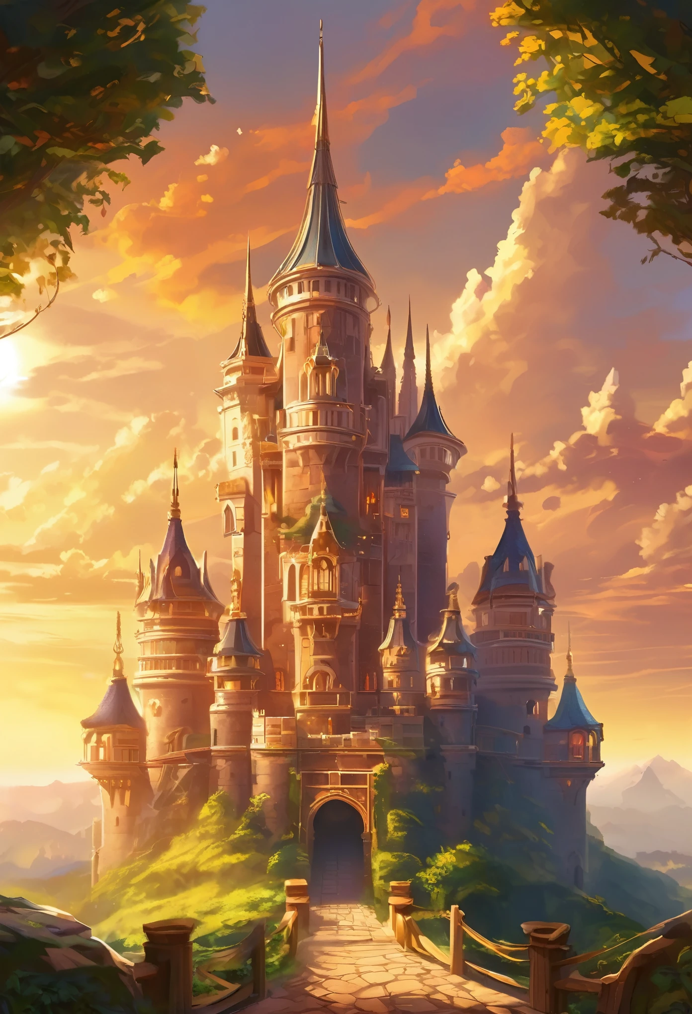 In a fantastical atmosphere、An elaborate and majestic castle々and towering。The castle is、Delicate carving、Elegant arch、Towering spires and、Decorated with eye-catching intricate detailing。The sun shines gently on its magnificent façade.、Casts a fascinating shadow。It is built on a hill、The beautiful castle is highlighted by stunning views of the surrounding area。