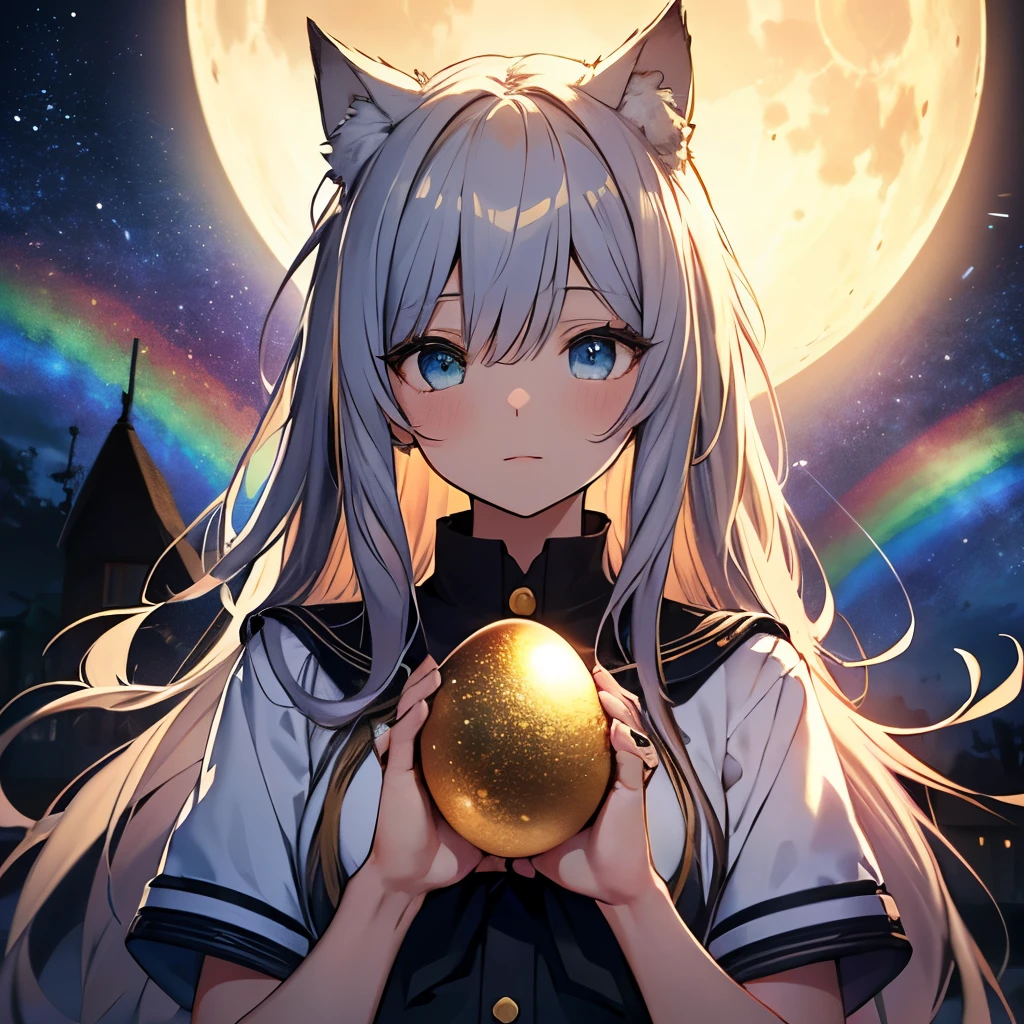High resolution,(rainbow in the starry sky:1.2), (A girl holds a golden egg with both hands),detailed black sailor uniform, detailed wide open blue eyes, beautiful long gold hair, Cat ear,moon