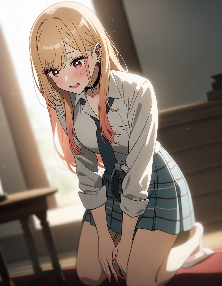 1girl, kitagawa marin, sono bisque doll wa koi wo suru, masterpiece, best quality, very aesthetic, absurdres, cinematic still, emotional, harmonious, vignette, highly detailed, high budget, cinemascope, epic, gorgeous, film grain, kneeling, key