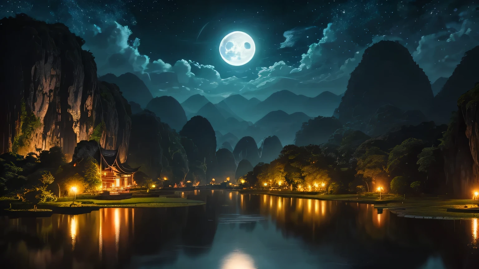 A pond with blooming lotus flowers, Bamboo fire torches by the pond, boat, Ninh Binh scenery, Vietnam, Tam Coc, Big Don, Karst topography, Centered, Symmetric, I drew, Complex, Volumetric lighting, beautiful, A masterpiece of deep colour, Sharp focus, Very detailed, Dan Mumford and Mark Simonetti's style, Astrophotography, Bright moonlight. --automatic